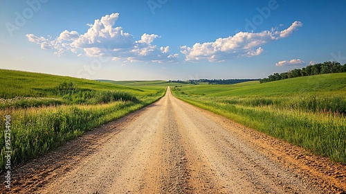 Dirt road horizon and the big sky Tranquil midwestern farmland summer landscape in Hartford Minnehaha County South Dakota : Generative AI photo