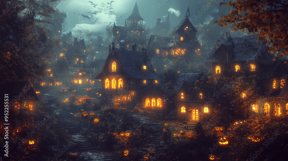 Fototapeta premium Spooky Halloween Village with Glowing Windows and Eerie Mist 