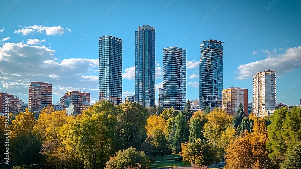 Fototapeta premium Modern highrise buildings in the centre of Madrid headquarters of companies and offices : Generative AI