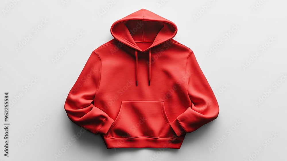 A vibrant red hoodie displayed flat on a white background, showcasing its design and style. A vibrant red hoodie displayed flat on a white background, showcasing its design and style.