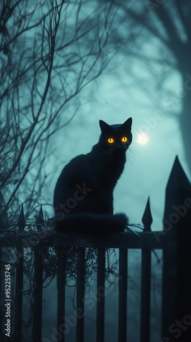 Mysterious Black Cat with Glowing Eyes on Spooky Fence at Midnight, Halloween Scene 