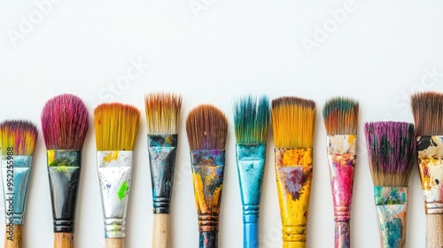 Assorted paintbrushes with colorful bristles, arranged on a clean white background, perfect for an artistic touch.