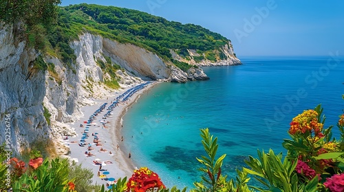 Italy summer holidays best scenic sea landscape and beaches of Riviera del Conero natural park near Ancona View of picturesque beach Spiaggia del Frate : Generative AI photo