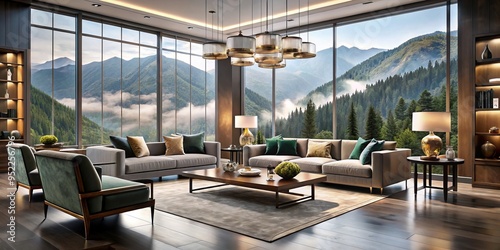 Luxury furniture transports you to a peaceful Toronto morning, where velvet sofas, polished wood tables, and art pieces meet misty mountains, softened by natural light. photo