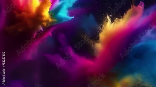 Colorful rainbow Holi paint color powder exploding animation. Slow motion, 4K.カラフルなレインボーホーリーペイントのカラーパウダーが爆発するアニメーション。スローモーション、4K。