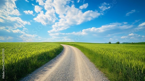 Country gravel road and green wheat fields with sky clouds natural landscape under blue sky : Generative AI