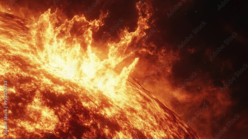 Close-up of the sun surface, showing a fiery solar prominence erupting into the void. Close-up of the sun surface, showing a fiery solar prominence erupting into the void.