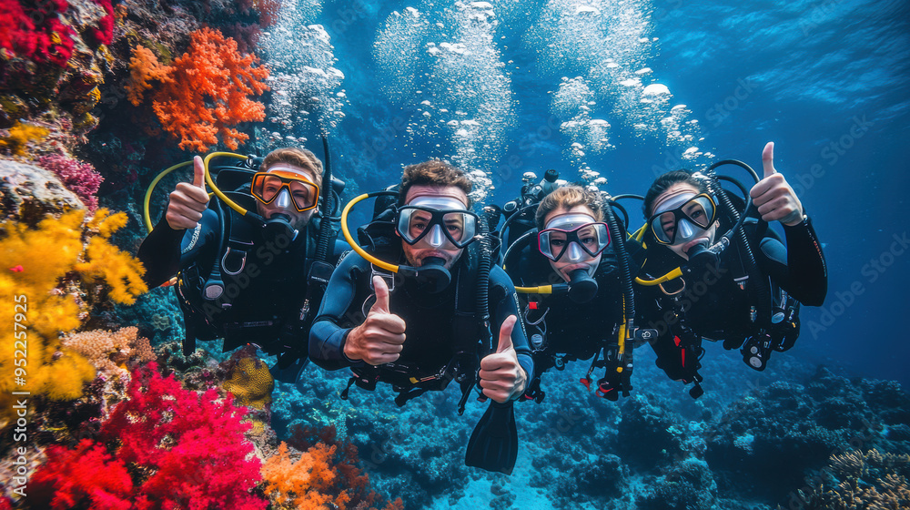 Portrait of diver with thumbs up gesture with colorful beautiful coral reef with sea life fishes