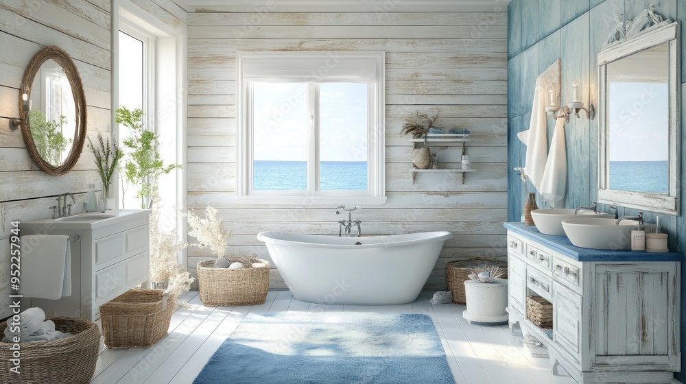Coastal bathroom decor with whitewashed wood and blue accents, creating a peaceful and refreshing seaside ambiance. Coastal bathroom decor with whitewashed wood and blue accents, creating a peaceful and refreshing seaside ambiance.
