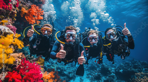 Obraz na płótnie Portrait of diver with thumbs up gesture with colorful beautiful coral reef with sea life fishes w salonie