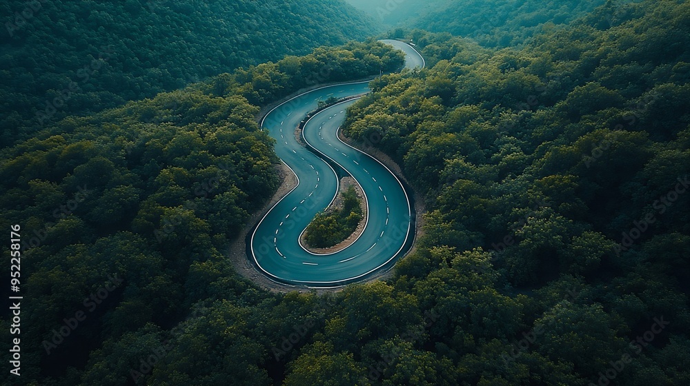 Aerial view of a road in the middle of the forest road curve construction up to mountain : Generative AI Aerial view of a road in the middle of the forest road curve construction up to mountain : Generative AI