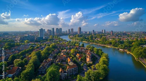 Panoramic aerial landscape of Rotterdam city New Maas river canals vehicular streets roundabouts green trees and skyline against blue sky in background sunny day in South Holland Nethe : Generative AI photo