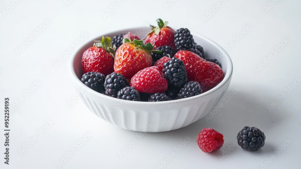 Elegant white ceramic bowl with a variety of berries on a white surface, minimalistic and fresh composition. Elegant white ceramic bowl with a variety of berries on a white surface, minimalistic and fresh composition.