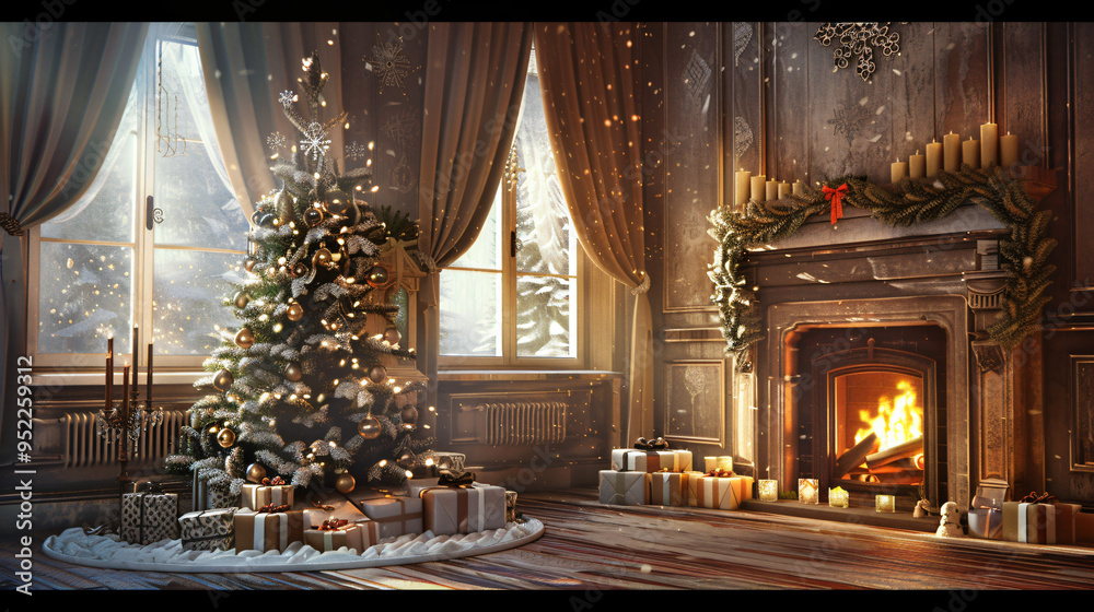 Decorated christmas tree is illuminating a luxurious living room with a lit fireplace and presents under the tree