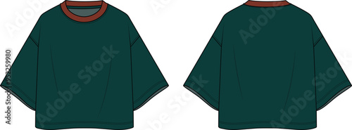 Drop-shoulder oversized women's T-shirt with a crew neck and short sleeves. Flat sketch vector illustration template for the front and back.