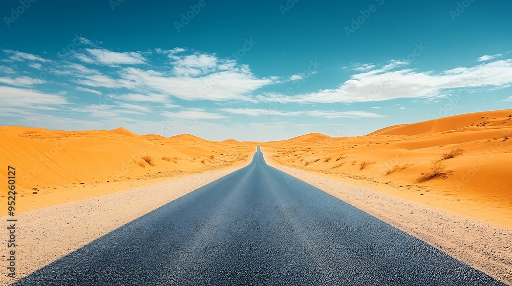 Empty asphlt road in the desert dunes with copy space background : Generative AI Empty asphlt road in the desert dunes with copy space background : Generative AI
