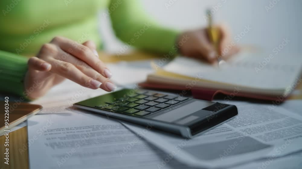 Unknown lady working calculator counting company expenses income indoors closeup Unknown lady working calculator counting company expenses income indoors closeup
