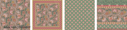 Set of 4 Indian floral patterns with abstract trailing flowers and leaves. Ethnic botanical background.