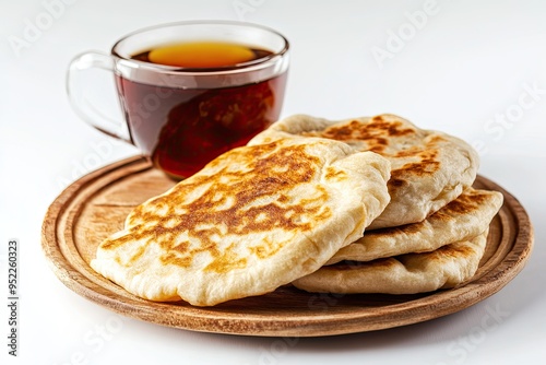 iddle east canai bread, or also known as roti maryam in indonesia. Isolated on white background with copy space for text. Served with tea photo