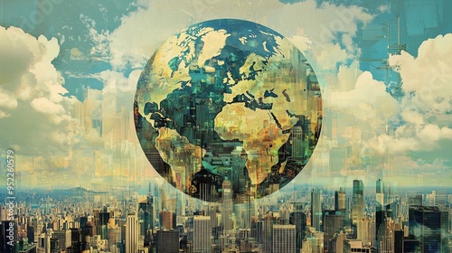 A globe superimposed over a cityscape, symbolizing global urbanization and interconnectedness. photo