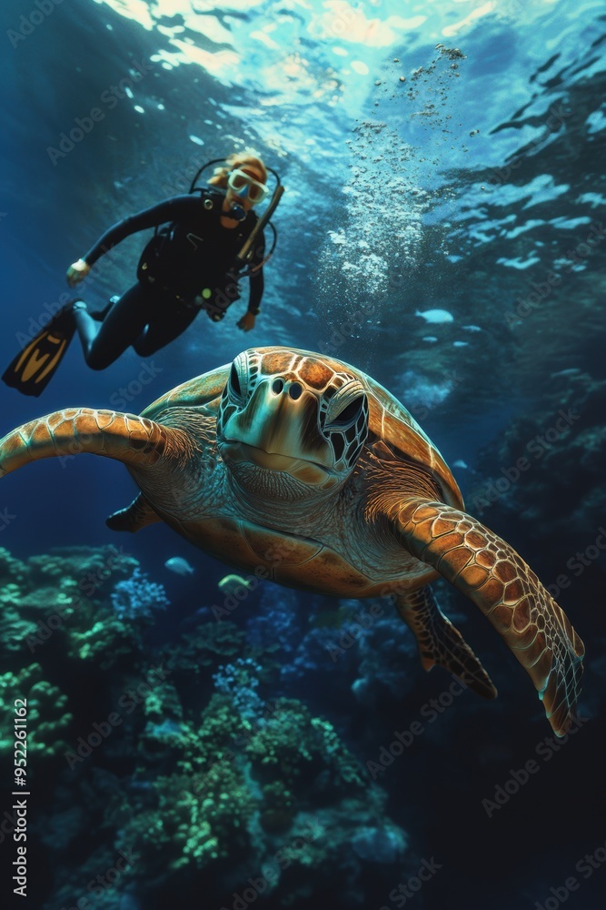 Fototapeta premium A large sea turtle and a diver in deep sea