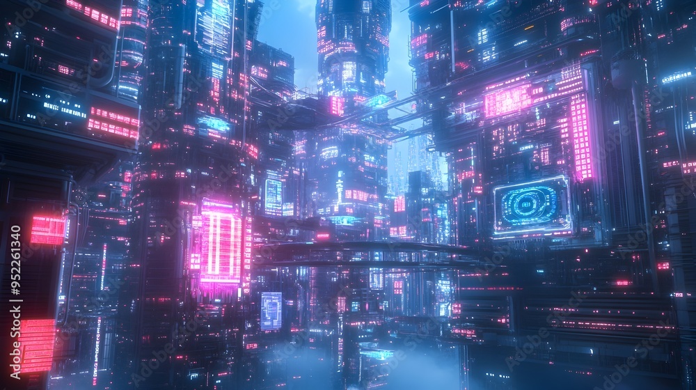 Fototapeta premium Futuristic Cityscape with Glowing Neon Lights and Digital Displays