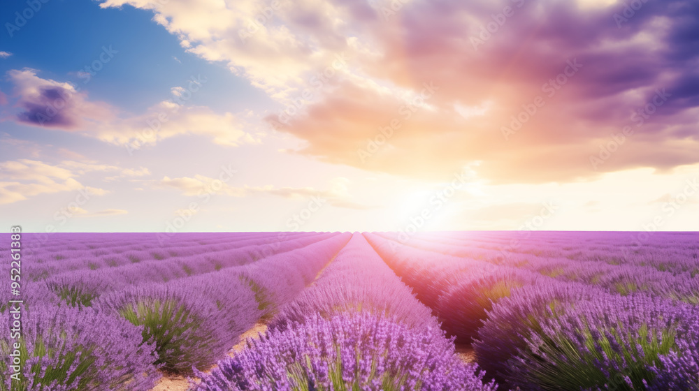 Golden Hour Lavender Field With Soft Cloudy Sky Golden Hour Lavender Field With Soft Cloudy Sky