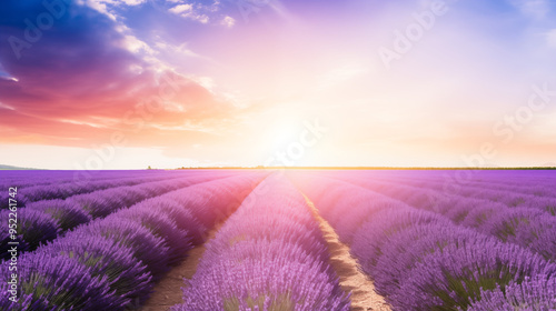 Sunset Over Lavender Field With Dramatic Sky