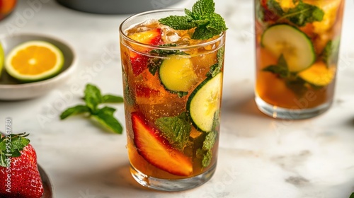 Refreshing Classic British Pimm's Cup Infused with Fresh Fruits and Fragrant Herbs photo