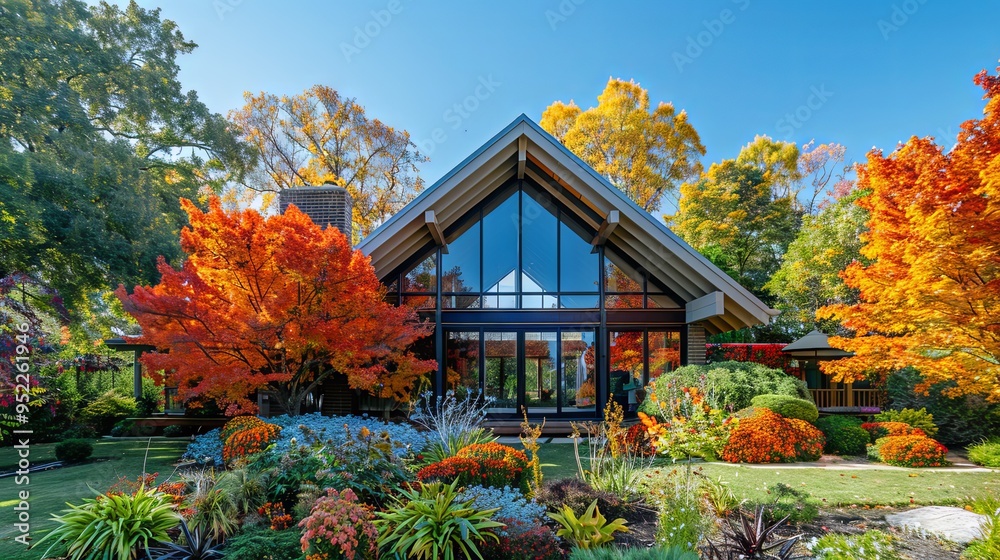 A colorful, fall-themed home with large windows, a pointed roof, and a clear blue sky. The yard is teeming with vibrant plants A colorful, fall-themed home with large windows, a pointed roof, and a clear blue sky. The yard is teeming with vibrant plants