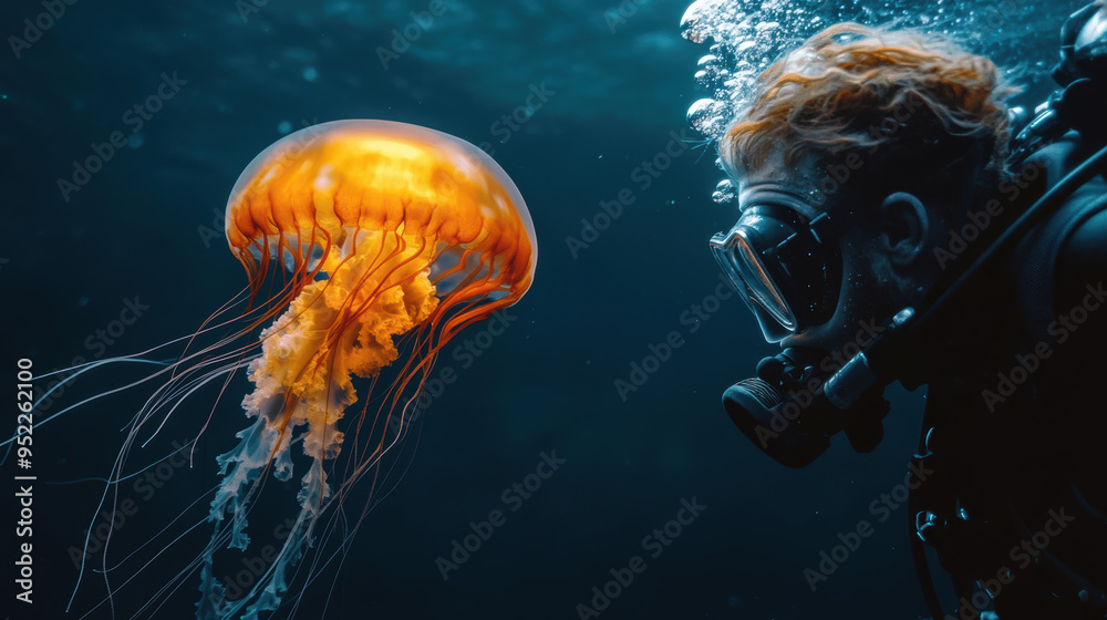 Fototapeta premium Diver watching closely in deep sea at a glowing jelly fish