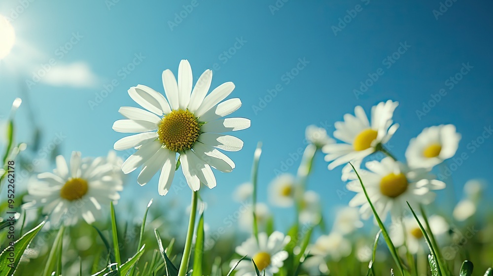 Wild daisies in a green meadow, with the bright blue sky creating a refreshing and natural scene. Wild daisies in a green meadow, with the bright blue sky creating a refreshing and natural scene.