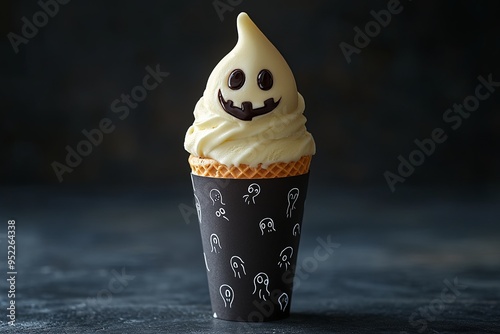 Vanilla ice cream cone with chocolate ghost face, dark sleeve with spooky illustrations, perfect for Halloween treats
