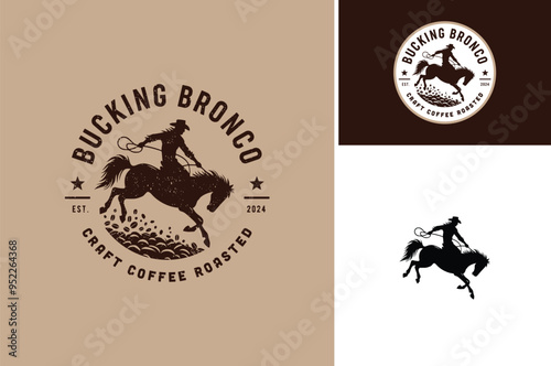 A Cowboy Ride a Horse, Bucking Bronco Rodeo with a pile of arabica robusta beans for coffee roasted factory or cafe vintage country western label logo design
