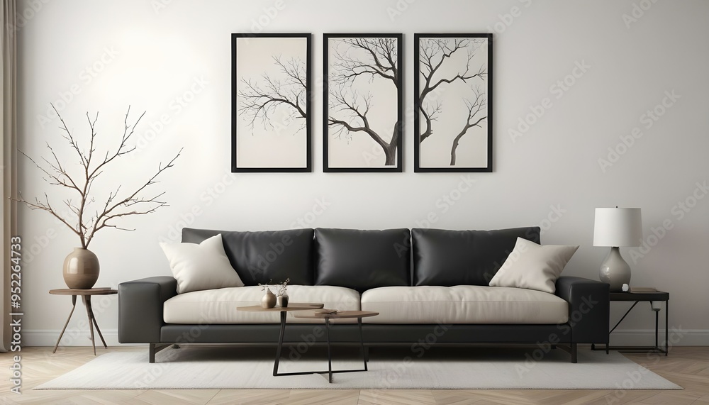 A minimalist living room with a large beige sofa, and three framed black and white artworks depicting a bare tree branch on the wall. A minimalist living room with a large beige sofa, and three framed black and white artworks depicting a bare tree branch on the wall.