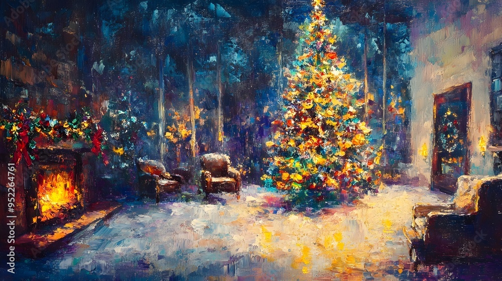 Cozy Christmas Living Room with Decorated Tree and Fireplace Cozy Christmas Living Room with Decorated Tree and Fireplace