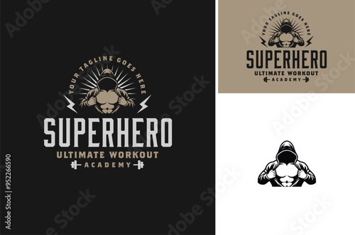 Hooded Unknown Strong Man showing his muscular chest like Mysterious Super Hero for gym workout or crossfit vintage logo design