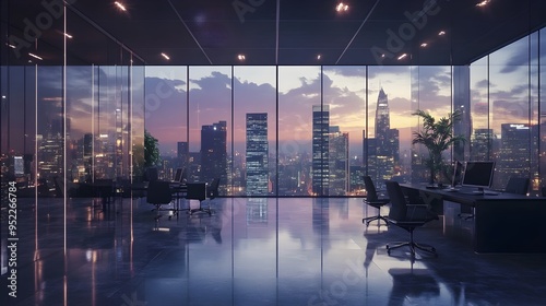 Modern Cityscape Reflected in Sleek Office Building at Sunset with Business Professionals Working