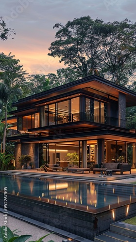 A modern tropical villa with an integrated swimming pool and sleek design provides a peaceful haven