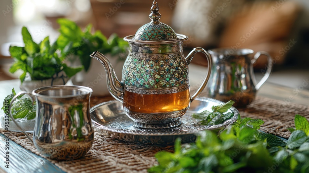 Fototapeta premium Authentic Middle Eastern Mint Tea Experience with Traditional Tea Service in Elegant Setting