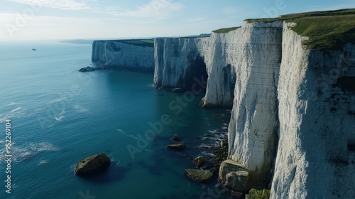 The stunning view of the Cliffs of Dover, England, with their sheer white faces overlooking the English Channel photo