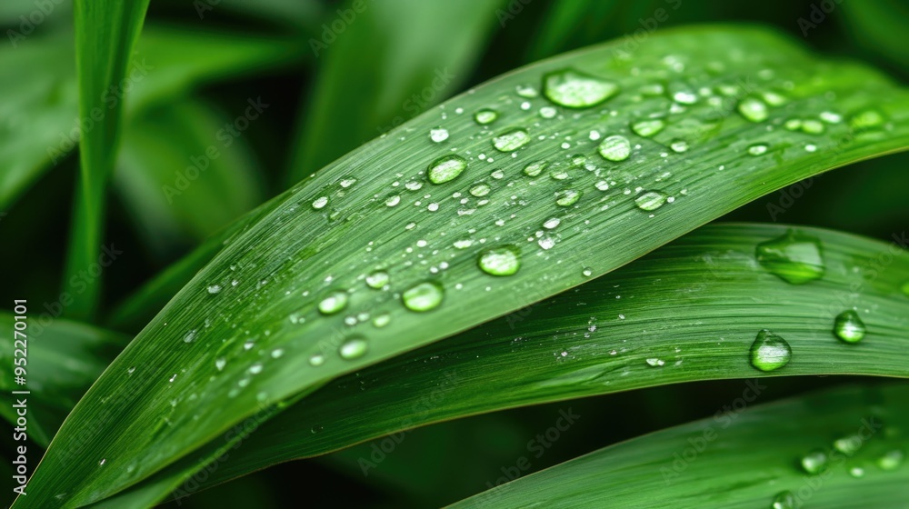 Green grass blades with dew drops close up Green grass blades with dew drops close up