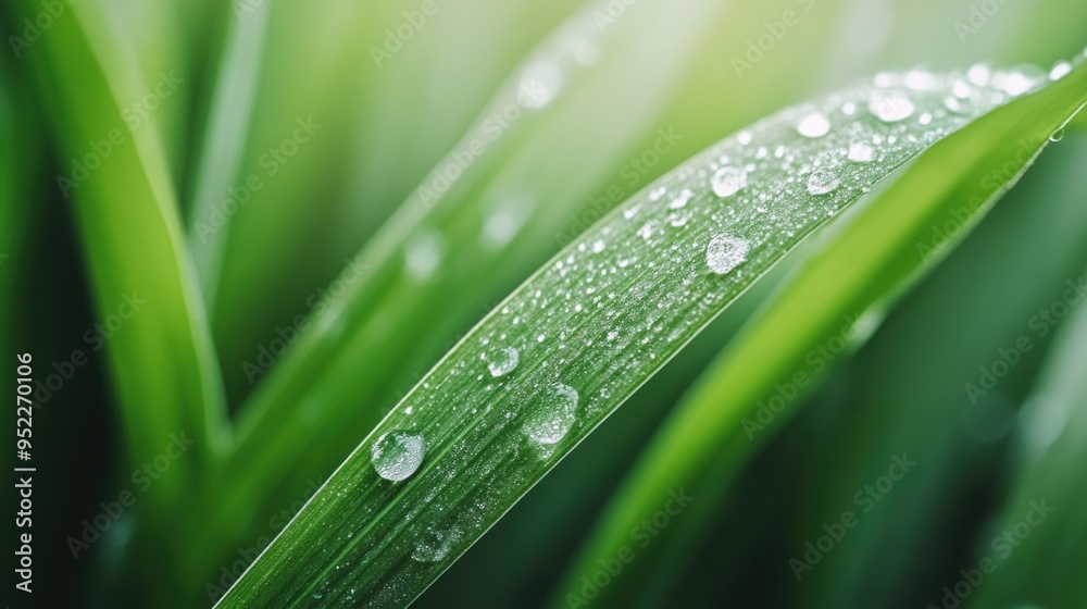 Green grass blades with dew drops close up Green grass blades with dew drops close up