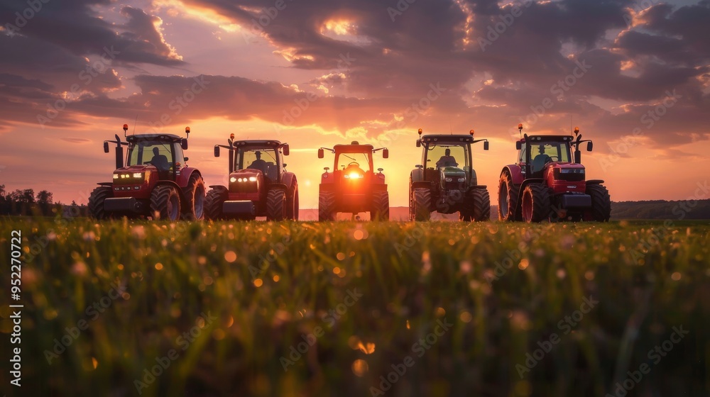 Fototapeta premium several tractors next to each other in a green field at sunset seen from afar and facing the camera 