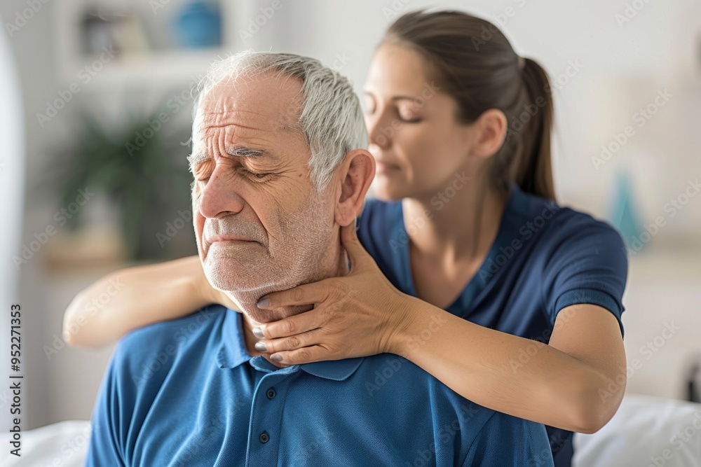 A woman is giving a relaxing neck massage to an older man. The setting is bright and welcoming. This image captures the essence of care and comfort. Generative AI A woman is giving a relaxing neck massage to an older man. The setting is bright and welcoming. This image captures the essence of care and comfort. Generative AI