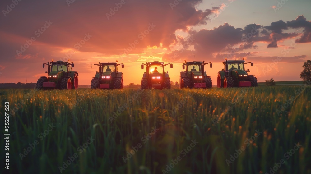 Fototapeta premium several tractors next to each other in a green field at sunset seen from afar and facing the camera 