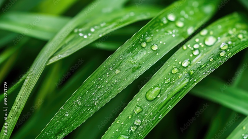 Green grass blades with dew drops close up Green grass blades with dew drops close up