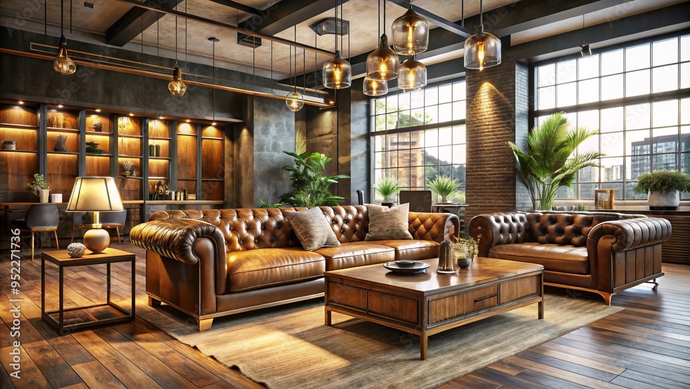 Sleek lines of recycled wood meet velvety softness, blending industrial chic with luxury estate settings in a golden glow, highlighting worn leather and polished metal accents. Sleek lines of recycled wood meet velvety softness, blending industrial chic with luxury estate settings in a golden glow, highlighting worn leather and polished metal accents.