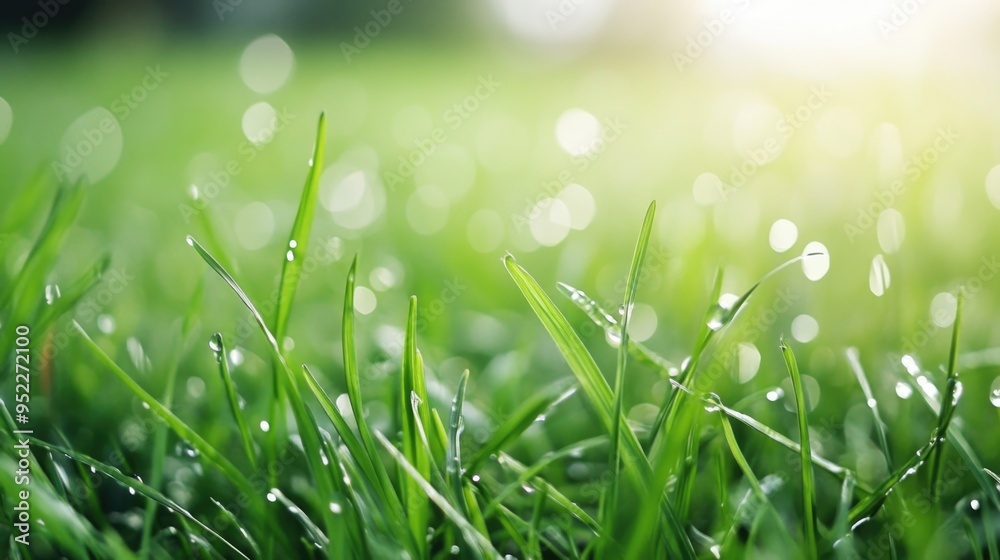 Green grass blades with dew drops close up Green grass blades with dew drops close up