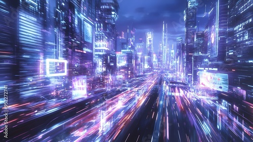 Futuristic Neon Lit City Skyline with Blurred High Speed Traffic and Towering Skyscrapers in a Vibrant Nightscape